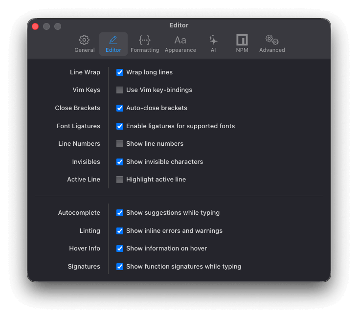 Settings - Editor