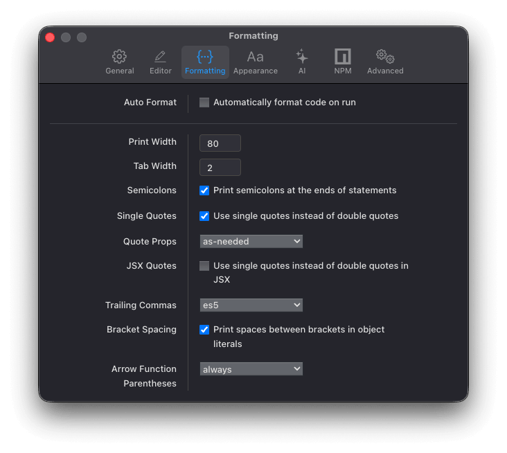 Settings - Formatting