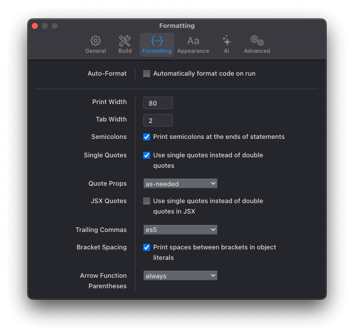 Settings - Formatting